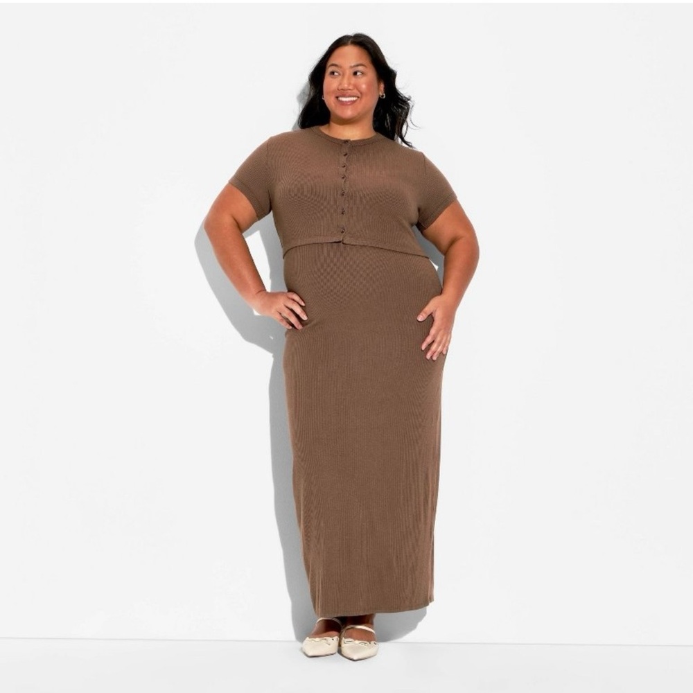 NWT Wild Fable Ribbed Maxi Babycon Dress and Cardigan Set- Brown XS - Picture 3 of 10